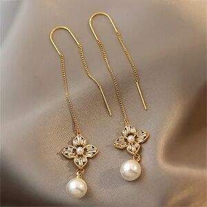 Gold and Pearl CZ Flower Long Dangle Ear Threader Drop Earrings